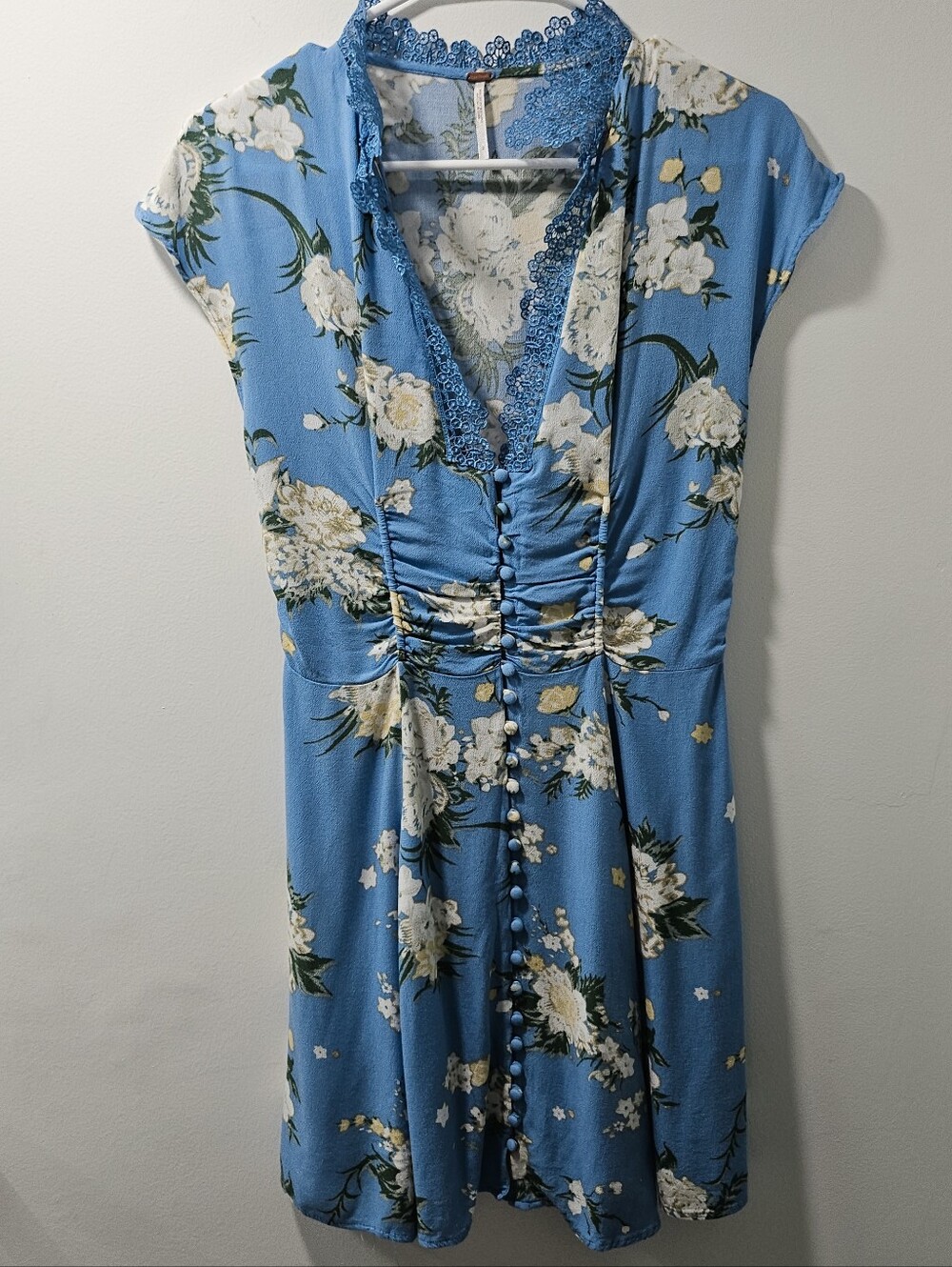 Free People Floral Lace-Trim Ruched Button-Front Mini Dress Sky Blue Size 2